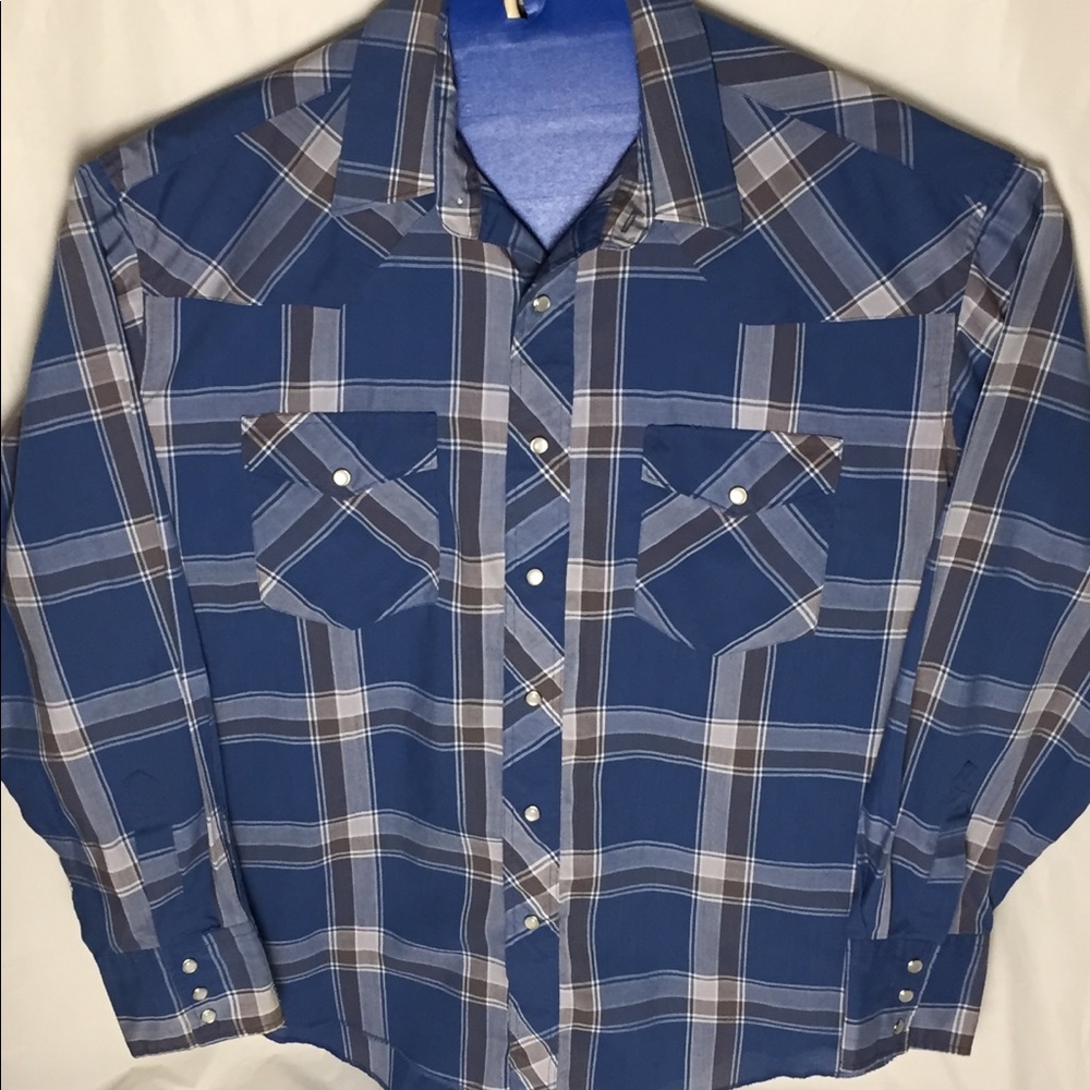 Wrangler Mens Shirt X-Long Tail Size 16 Long Sleeve Blue Tan Plaid Pearl Snap